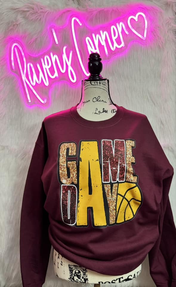 Game Day Maroon & Gold Faux Glitter Basketball Tee