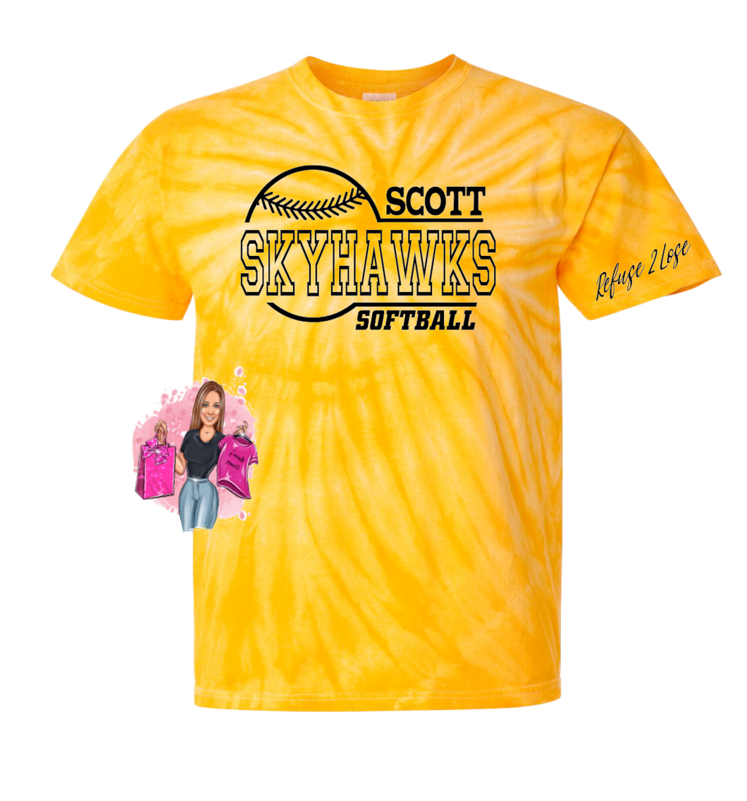 Scott High School Softball Fan Gear  Dyenomite - Cyclone Pinwheel Tie-Dyed T-Shirt - 200CY Gold